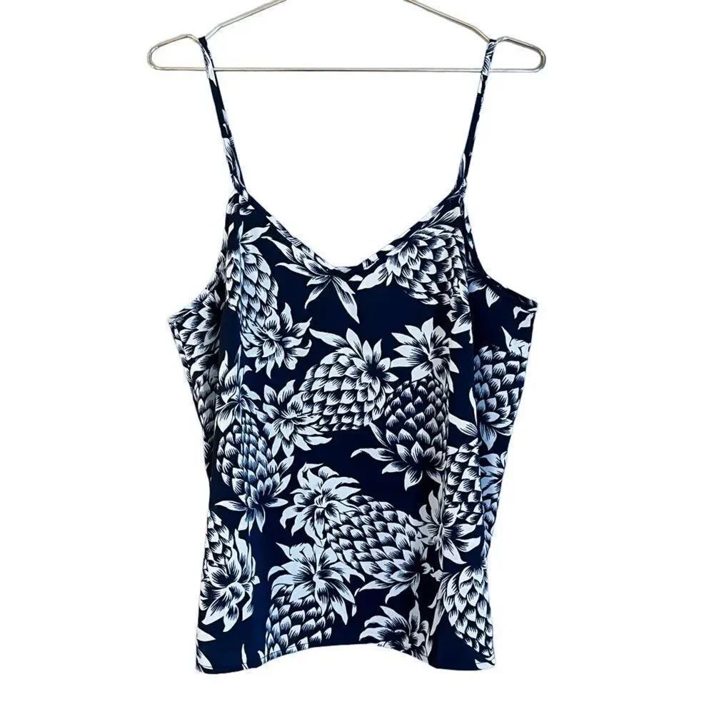 NWT J. Crew Factory Navy Blue White Pineapple Print Adjustable Strap Tank Top 12